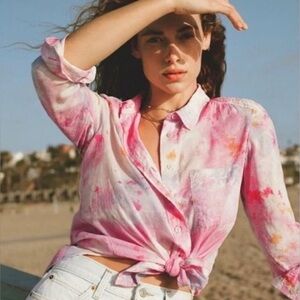 Anthropologie Women's L Pilcro Cate Classic Button Up Cotton Pink Blue Tie-Dye